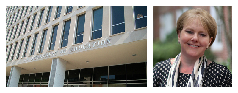 A collage of two pictures: the Department of Education building and  Patricia Snyder.