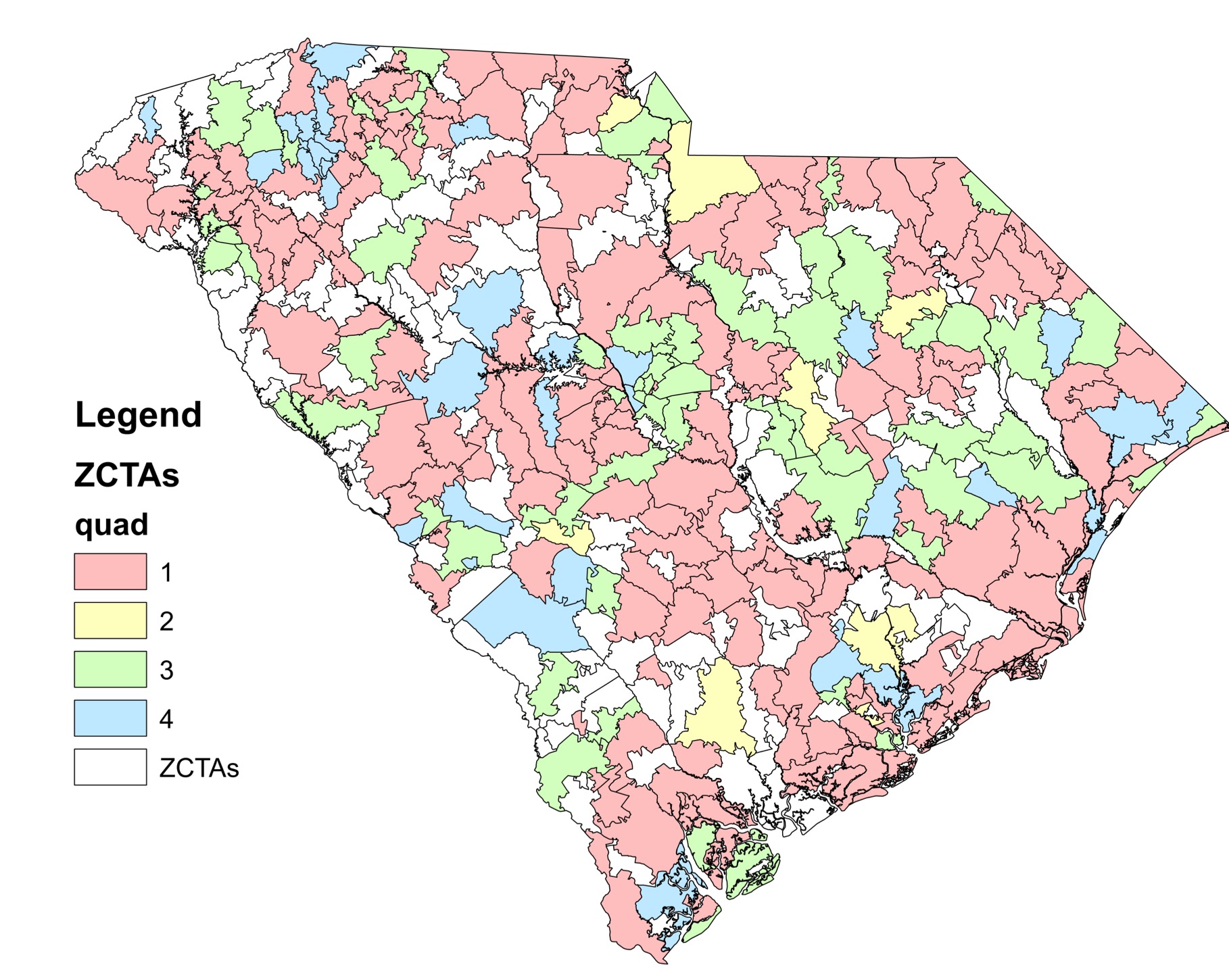 A map of South Carolina that shows regions with different measure of accessibility.