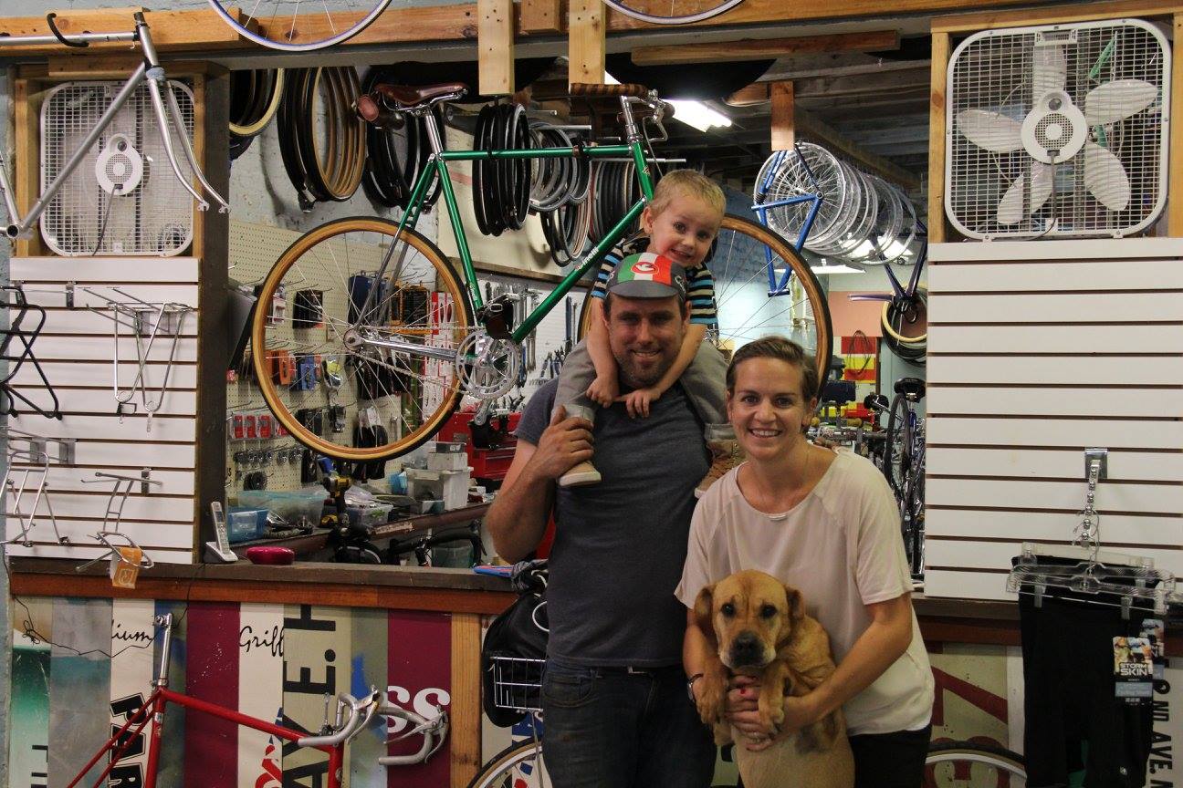 Jamie Aulton and her family at the bike shop.