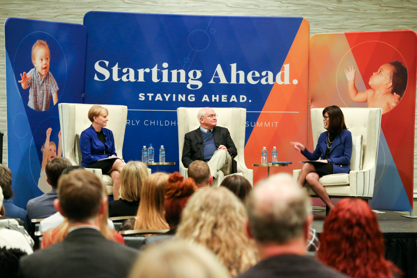 Patricia Snyder, David Lawrence, Jr., and Diane McFarlin sitting on a stage discussing important matters.
